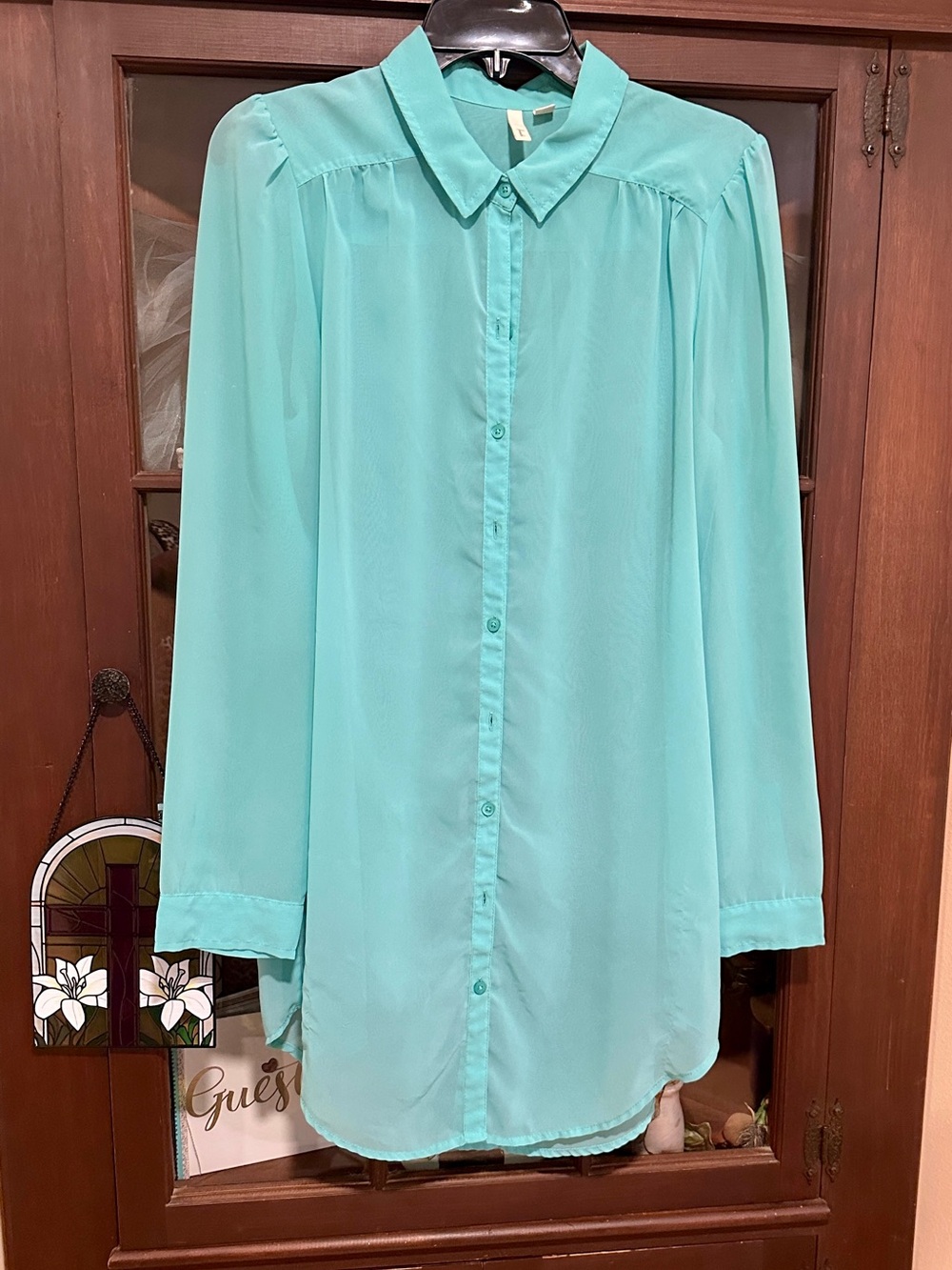 Mint Sheer Long Button-Up Blouse